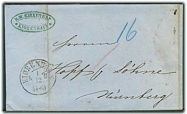 1863. Portobrev med antiqua Kiøbenhavn d. 1.12.1863 via Hamburg til Nürnberg. Påskrevet 16 med blåkridt.