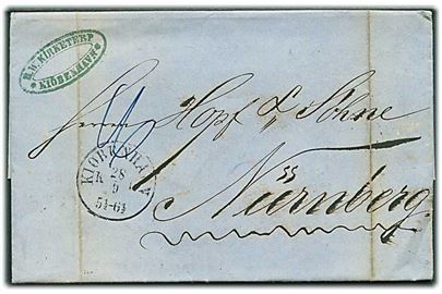 1863. Portobrev med antiqua Kiøbenhavn d. 28.5.1863 via Hamburg til Nürnberg. Påskrevet 16 med blæk.
