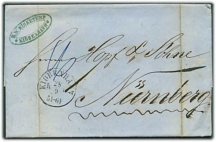 1863. Portobrev med antiqua Kiøbenhavn d. 28.5.1863 via Hamburg til Nürnberg. Påskrevet 16 med blæk.