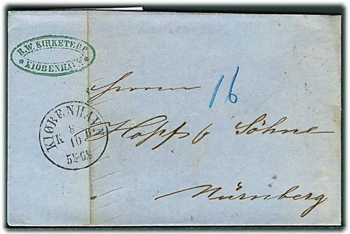 1863. Portobrev med antiqua Kiøbenhavn d. 8.10.1863 via Hamburg til Nürnberg. Påskrevet 16 med blåkridt.