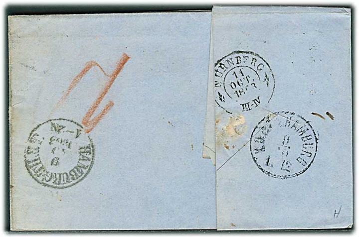 1863. Portobrev med antiqua Kiøbenhavn d. 8.10.1863 via Hamburg til Nürnberg. Påskrevet 16 med blåkridt.