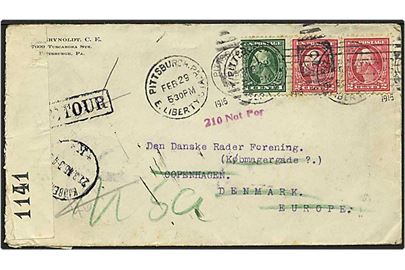 5 cent på brev fra Pittsburch, USA, d. 29.2.1916 til København. Engelsk censur samt mærkat med ubekjendt, brevet returneret.