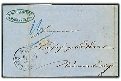 1863. Portobrev med antiqua Kiøbenhavn d. 27.10.1863 via Hamburg til Nürnberg. Påskrevet 16 med blåkridt.