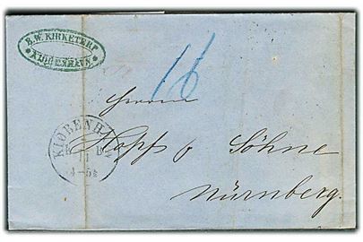 1863. Portobrev med antiqua Kiøbenhavn d. 7.11.1863 via Hamburg til Nürnberg. Påskrevet 16 med blåkridt.