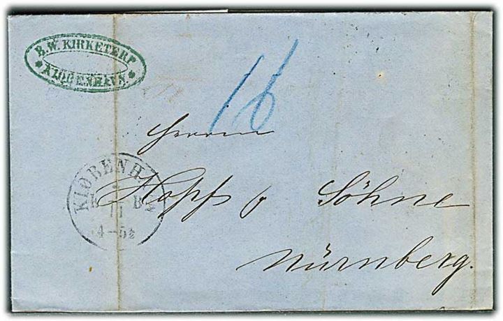 1863. Portobrev med antiqua Kiøbenhavn d. 7.11.1863 via Hamburg til Nürnberg. Påskrevet 16 med blåkridt.