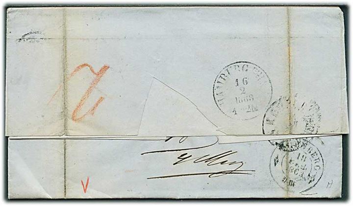 1863. Portobrev med antiqua Kiøbenhavn d. 15.2.1863 via Hamburg til Nürnberg. Påskrevet 16 med blæk.