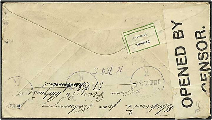 5 cent på brev fra Pittsburch, USA, d. 29.2.1916 til København. Engelsk censur samt mærkat med ubekjendt, brevet returneret.