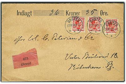 10 øre Chr. X (3) på værdibrev annulleret med brotype IIIb Ørsted d. 27.11.1918 til København. 1 mærke med skade.