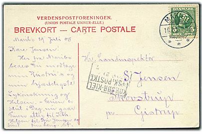 5 øre Chr. IX på brevkort fra Maribo d. 19.7.1906 til Skovstrup pr. Gistrup. Fejlsendt med skibsstempel: Korsør-Kiel DPSK:POSTKT: No. 3 (?) d. 20.7.1906.