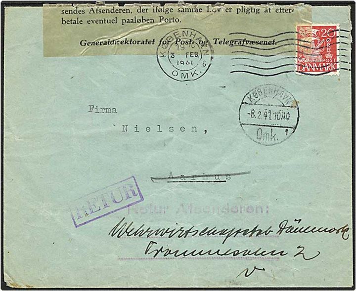 20 øre rød karavel på brev fra København d. 3.2.1941 til Aarhus. Brevet åbnet og lukket af postvæsenet og returneret.