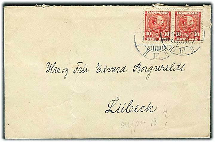 10 øre Chr. IX i parstykke på brev fra Kjøbenhavn d. 1.10.1905 til Lübeck, Tyskland.