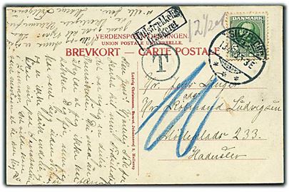 5 øre Fr. VIII på underfrankeret brevkort fra Silkeborg d. 13.4.1908 til Haderslev, Nordslesvig. Sort T stempel og rammestempel Utilstrækkelig frankeret. Udtakseret i 10 pfg. tysk porto.
