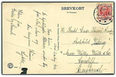 10 øre Fr. VIII på brevkort fra Sorø d. 6.5.1912 til kadet ombord på skoleskibet Viking i Cardiff, England.