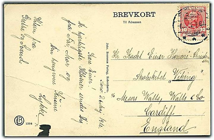 10 øre Fr. VIII på brevkort fra Sorø d. 6.5.1912 til kadet ombord på skoleskibet Viking i Cardiff, England.