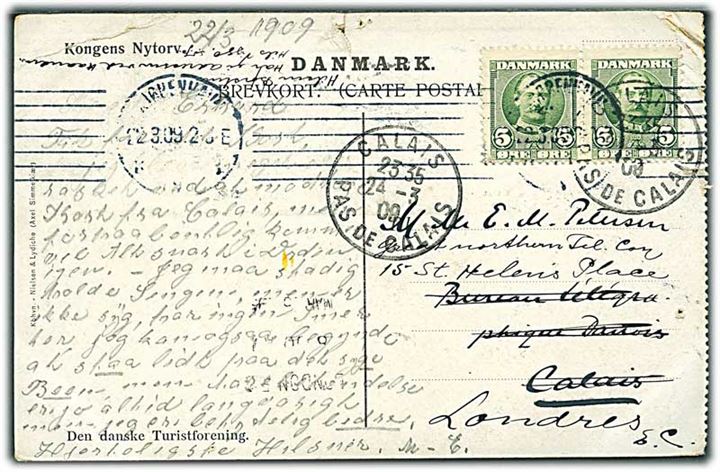 5 øre Fr. VIII i parstykke på brevkort (Paul Fischer: Kongens Nytorv) fra Kjøbenhavn d. 12.3.1909 til Calais, Frankrig - eftersendt til London, England. Slidt.