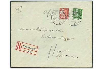 35 øre og 40 øre Karavel på anbefalet brev fra København d. 23.4.1930 til Verona, Italien. Påskrevet Afs. F (Afsenders frankering).