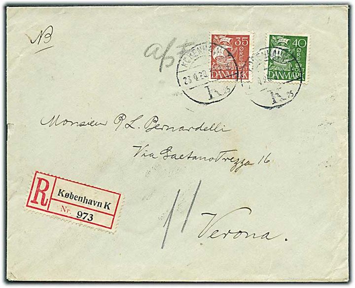 35 øre og 40 øre Karavel på anbefalet brev fra København d. 23.4.1930 til Verona, Italien. Påskrevet Afs. F (Afsenders frankering).
