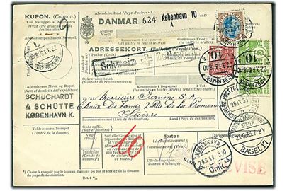 5 øre Bølgelinie (par), 35 øre Karavel og 1 kr. Chr. X på 1,45 kr. frankeret internationalt adressekort for pakke fra København d. 22.9.1933 via Berlin og Basel til Chaux de Fonds, Schweiz.