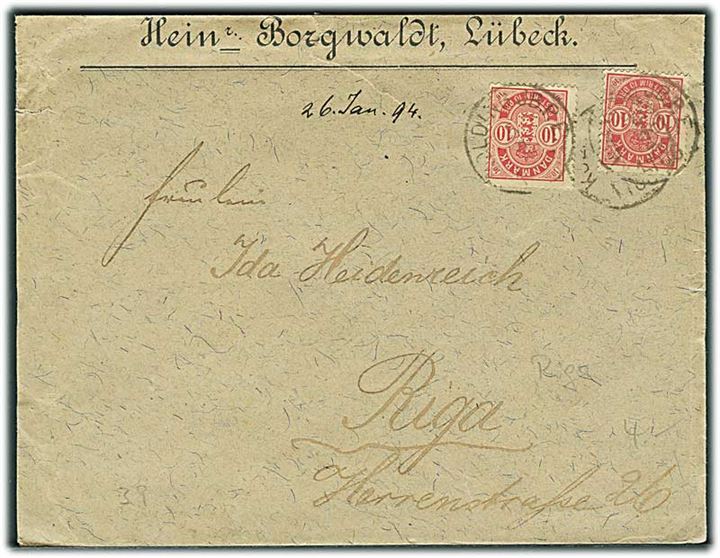10 øre Våben (2) på brev annulleret med lapidar Kolding JB.P.E. d. 5.2.1894 til Riga, Letland, Rusland.