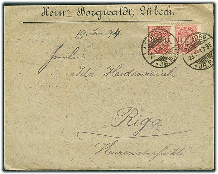 10 øre Våben i parstykke på brev fra Aalborg JB.P.E. d. 23.1.1894 til Riga, Letland, Rusland.
