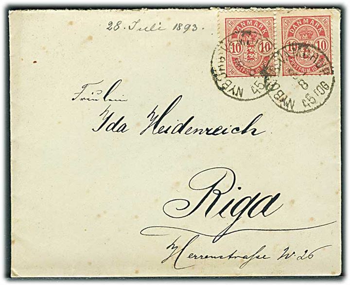 10 øre Våben i parstykke på brev annulleret med lapidar bureaustempel Nyborg - Vamdrup d. 6.8.1893 til Riga, Letland, Rusland.