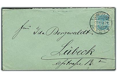 20 øre Våben med variant prik på S i POST single på brev fra Kjøbenhavn d. 17.5.1895 til Lübeck, Tyskland.