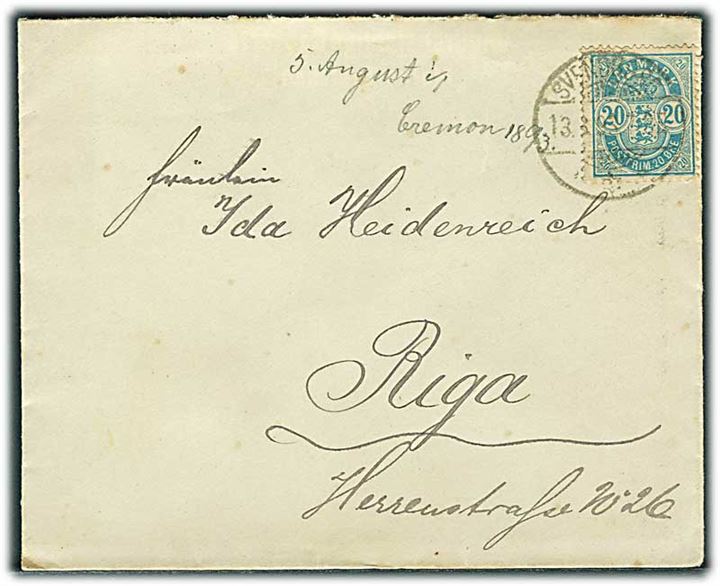 20 øre Våben single på brev fra Svendborg d. 13.8.1893 til Riga, Letland, Rusland.