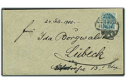 20 øre Våben med variant Mgl. fodstreg på 2 på brev fra Kjøbenhavn d. 23.2.1900 til Lübeck, Tyskland.