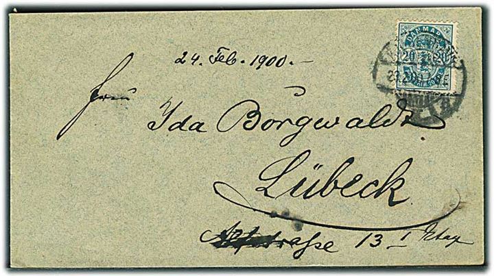 20 øre Våben med variant Mgl. fodstreg på 2 på brev fra Kjøbenhavn d. 23.2.1900 til Lübeck, Tyskland.