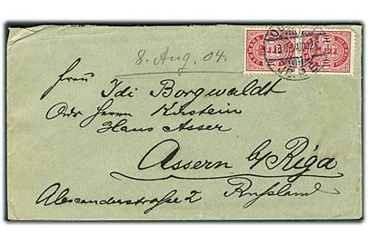 10 øre Våben i parstykke på brev fra Odense JB.P.E. d. 18.8.1904 til Assern pr. Riga, Letland, Rusland.
