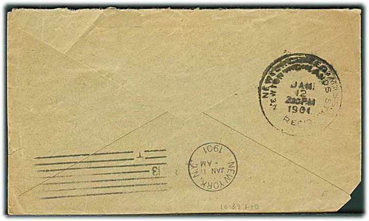 5 øre (2) og 10 øre Våben på brev annulleret med lapidar Nysted d. 29.12.1900 via New York til Newton, Mass., USA.