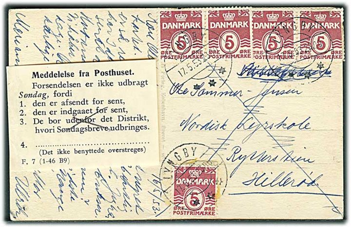 5 øre Bølgelinie (5) på søndagsbrevkort fra Lyngby d. 17.5.1953. Påsat meddelelse F.7 (1-46 B9) vedr. forsendelsen afsendt for sent til udbringning søndag.