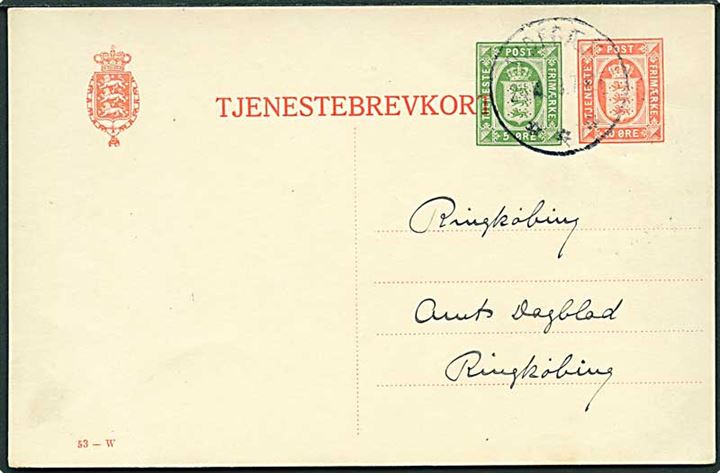 10+5 øre provisorisk tjenestebrevkort (Fabr. 53-W) fra Videbæk d. 24.10.1923 til Ringkøbing. Fra sognepræsten i Videbæk.