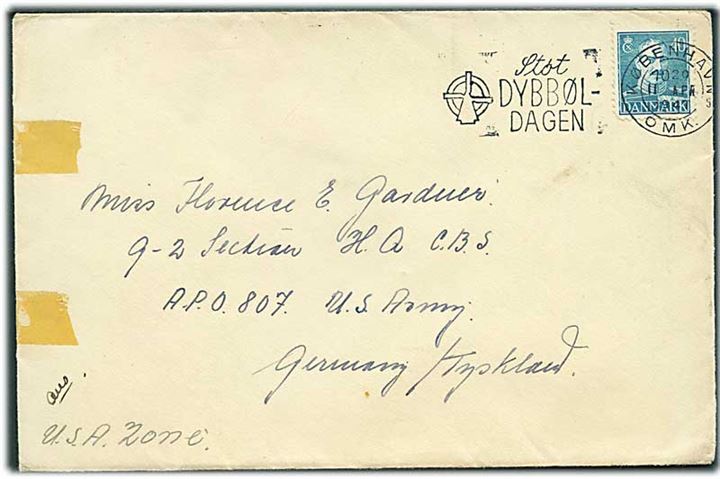 40 øre Chr. X på brev fra København d. 11.4.1947 til kvinde ved G-2 Section (Intelligence Section) Hq C.B.S (Continental Base Section), APO 807 (= Bad Nauheim, Tyskland), U.S.Army, Tyskland.