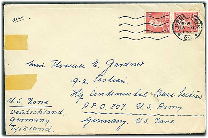 20 øre Chr. X i parstykke på brev fra København d. 15.11.1946 til kvinde ved G-2 Section (Intelligence section), Hq. Continental Base Section, APO 807 (= Bad Hauheim, Tyskland), U.S.Army, Tyskland.