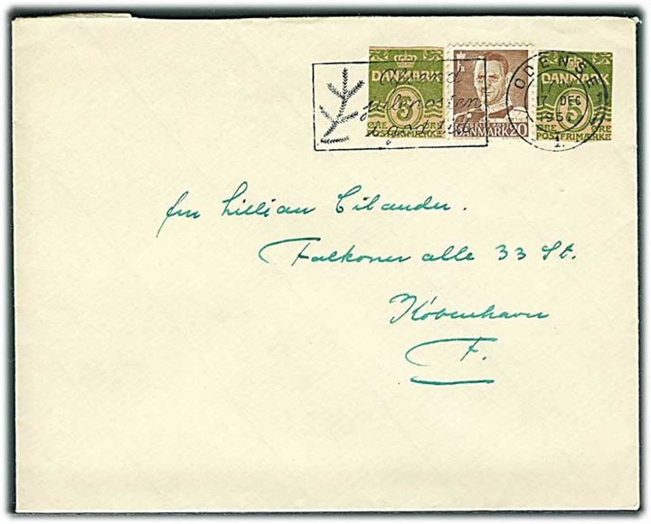 20 øre Fr. IX og 5 øre helsagsafklip (2) på brev fra Odense d. 7.12.1957 til København. Bagklap mgl.