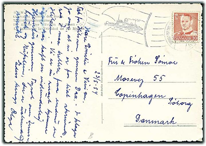 30 øre Fr. IX på italiensk postkort dateret d. 25.5.1954 annulleret med skibs-håndrullestempel Dansk Søpost Gedser - Grossenbrode (svag dato) til Søborg, Danmark.