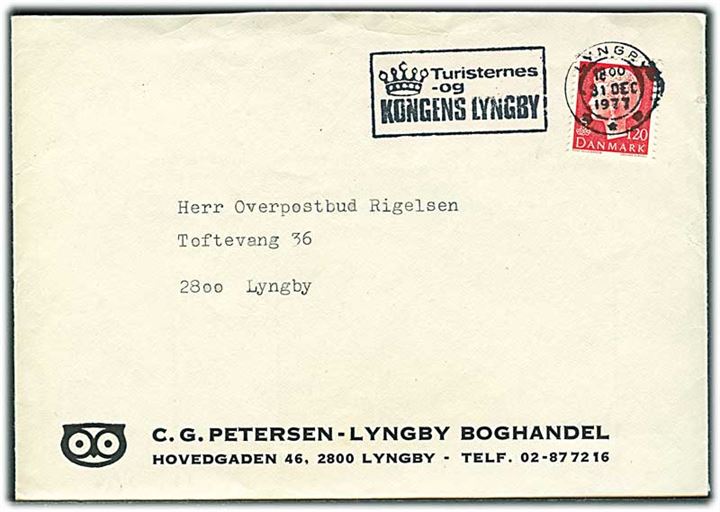 120 øre Margrethe på brev annulleret med TMS Turisternes - og Kongens Lyngby/Lyngby *** d. 31.12.1977 til Lyngby.