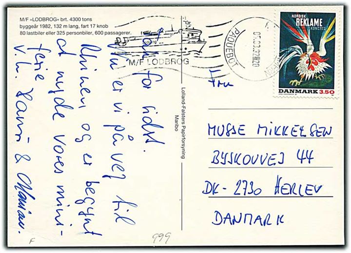 3,50 kr. Plakatkunst på brevkort (Færgen Lodbrog) annulleret med skibs-håndrullestempel Rødby - Fehmern / Paquebot M/F Lodbrog d. 5.3.1992 til Herlev.
