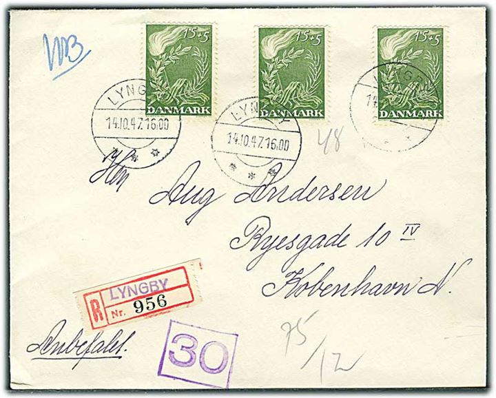 15+5 øre Frihedsfonden (3) på anbefalet brev fra Lyngby d. 14.10.1947 til København.