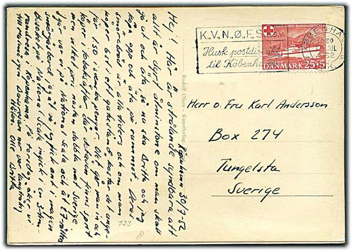 25+5 øre Jutlandia på brevkort med fotolomme fra København d. 30.7.1952 til Tungelsta, Sverige.