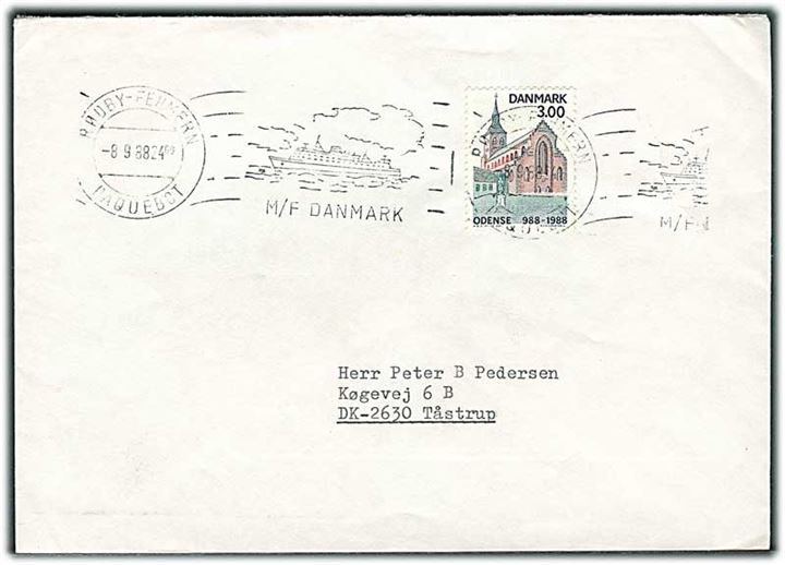 3 kr. Odense 1000 år på brev annulleret med skibs-håndrullestempel Rødby - Fehmern Paquebot M/F Danmark d. 8.9.1988 til Tåstrup, Danmark.