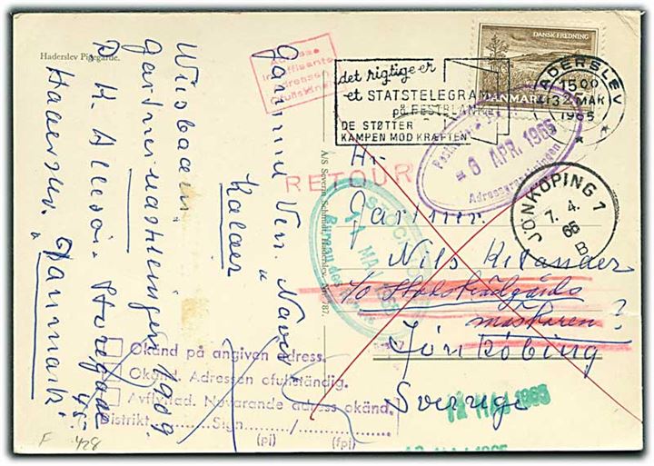 25 øre Dansk Fredning på brevkort fra Haderslev d. 30.3.1965 til Jönköping, Sverige. Retur som ubekendt med mange stempler.