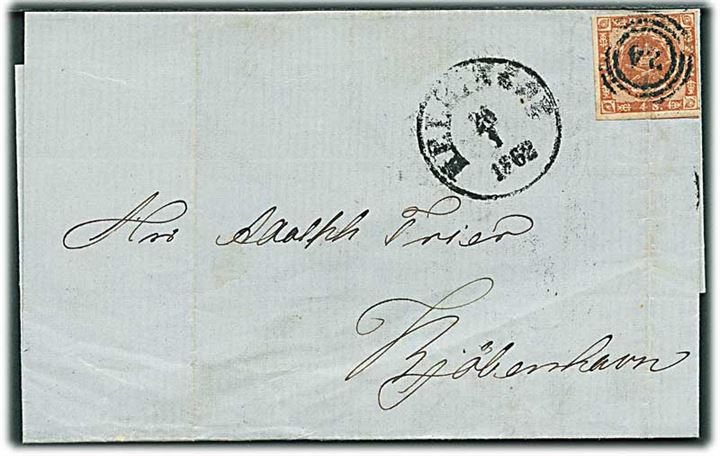 4 sk. 1858 udg. på brev annulleret med nr.stempel 24 og sidestemplet antiqua Helsingør d. 26.1.1862 til Kjøbenhavn.