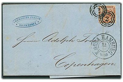 4 sk. 1858 udg. på brev annulleret med nr.stempel 2 og sidestemplet antiqua K.D.O.P.A. Hamburg d. 13.10.1861 til Kjøbenhavn.
