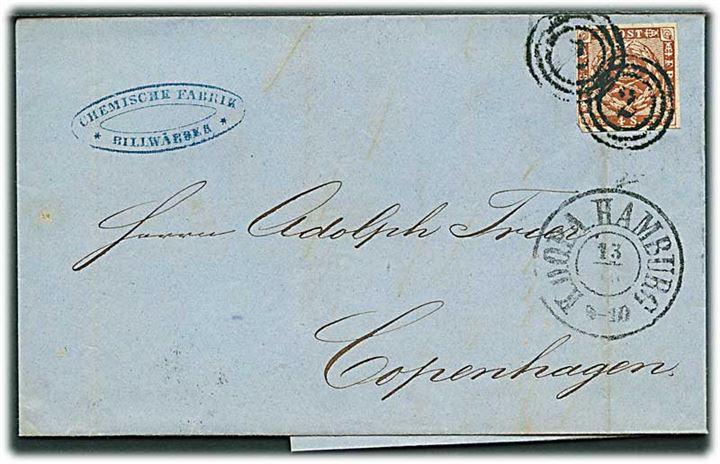 4 sk. 1858 udg. på brev annulleret med nr.stempel 2 og sidestemplet antiqua K.D.O.P.A. Hamburg d. 13.10.1861 til Kjøbenhavn.