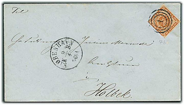 4 sk. 1858 udg. på brev annulleret med nr.stempel 1 og sidestemplet antiqua Kiøbenhavn KB d. 9.4.18xx til Holbæk.