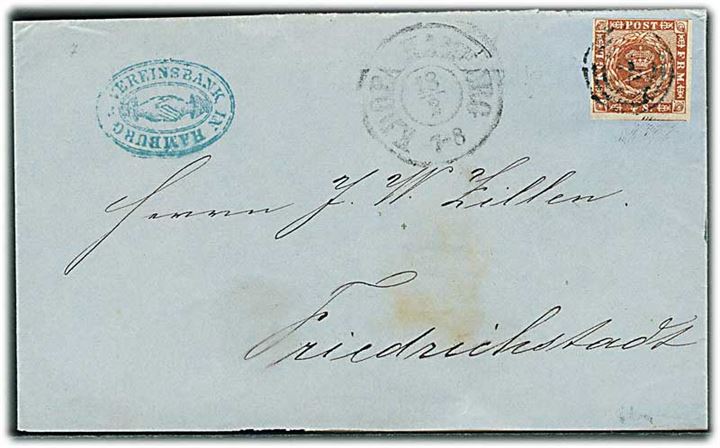 4 sk. 1858 udg. på brev annulleret med nr.stempel 2 og sidestemplet antiqua K.D.O.P.A. Hamburg d. 13.2.1862 til Friedrichstadt. Del af omslag mangler.