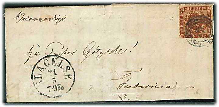 4 sk. stukken kant på brev annulleret med nr.stempel 65 og sidestemplet antiqua Slagelse d. 21.5.1863 til Fredericia. Noget slidt med div. mangler.