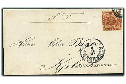 4 sk. stukken kant på brev annulleret med yderligt placeret nr.stempel og sidestemplet antiqua Svendborg d. 10.5.1863 til Kjøbenhavn.